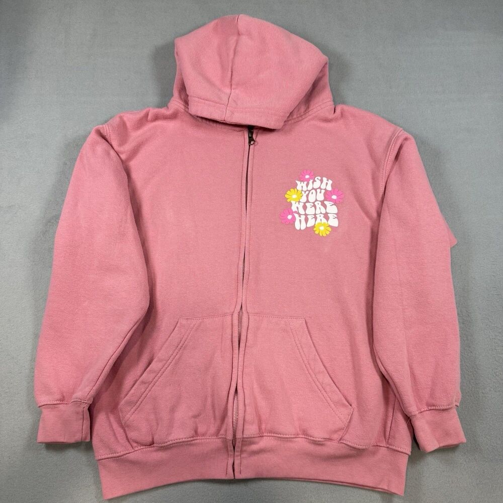 Pacific & Co Wish You Were Here Pink Floral Full Zip Hoodie Sweatshirt Small